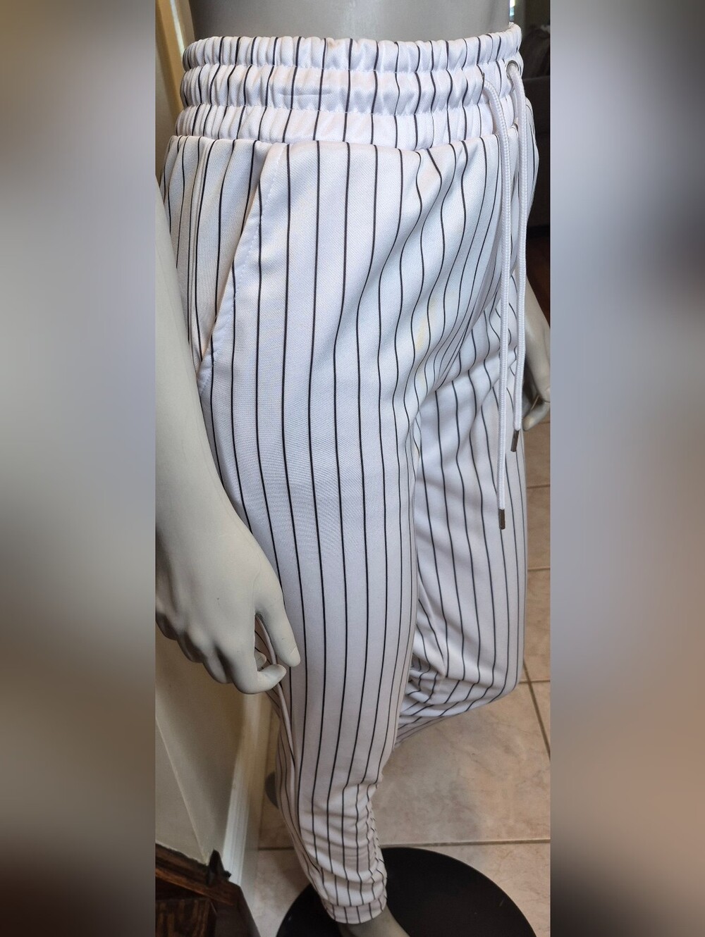 Revamped White Pinstripe Drawstring Pants - Picture 2 of 9